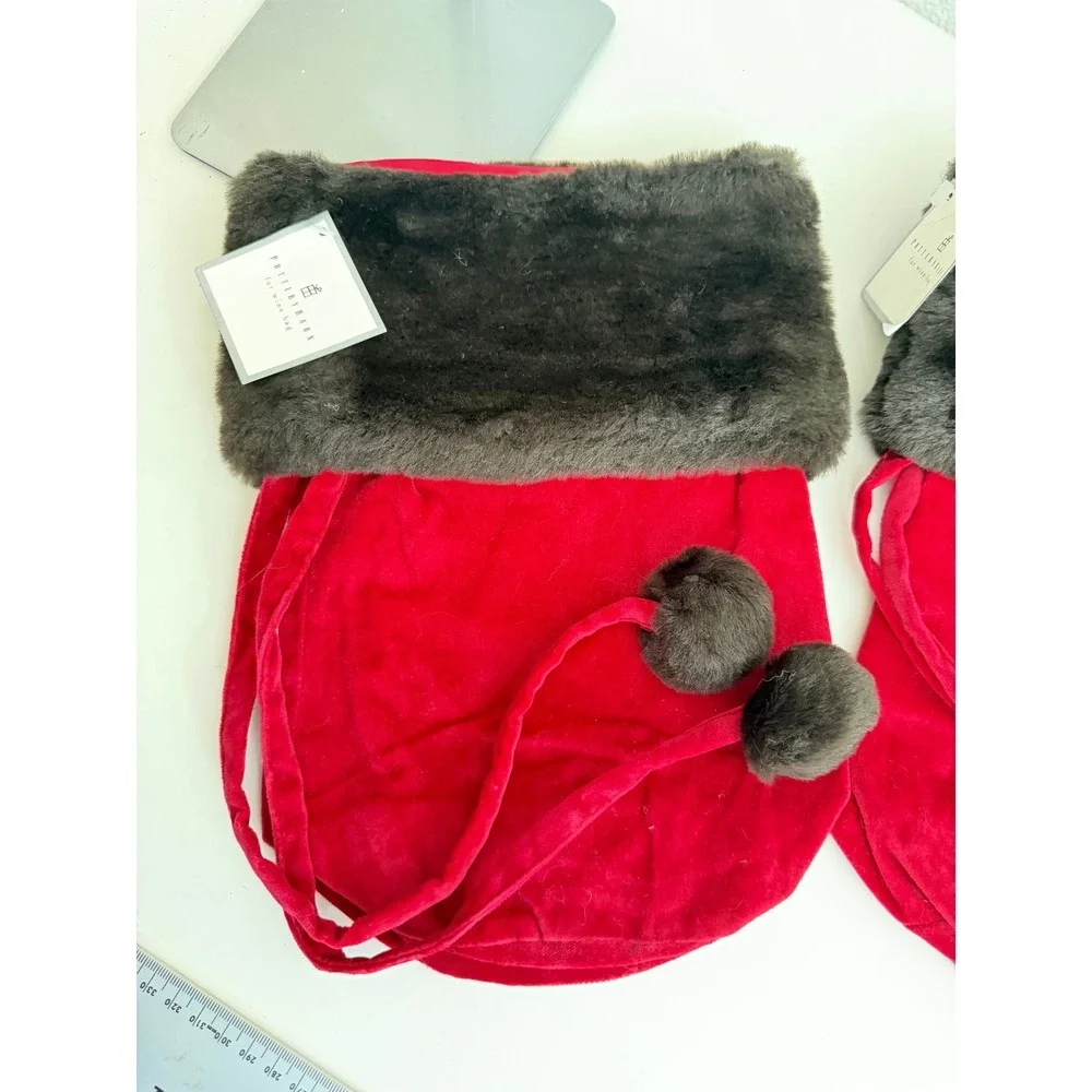 Pottery Barn Red Velvet Faux Fur Wine Gift Bags Set of 2 Holiday Pom Poms NWT